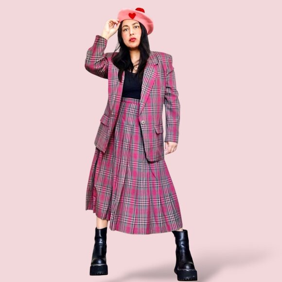 Pendleton Jackets & Blazers - Pendleton vintage 80's USA made pink grey plaid 2 pc set jacket skirt 12/14